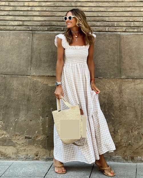 Summer Patchwork Plaid Sling Elastic Swing Dress in Dresses