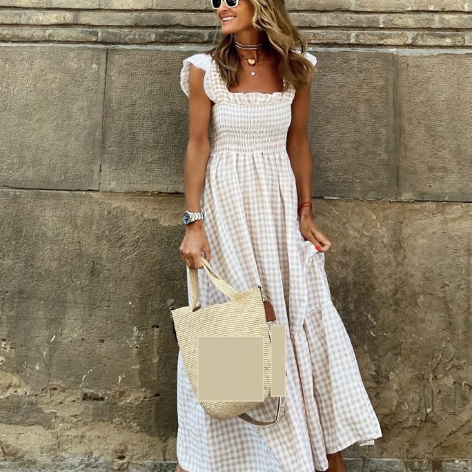 Summer Patchwork Plaid Sling Elastic Swing Dress in Dresses