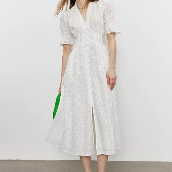 Elegant Hollow Out Cutout Embroidered Waist Slimming V Neckline Breasted Short Sleeve Dress in Dresses