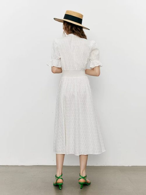 Elegant Hollow Out Cutout Embroidered Waist Slimming V Neckline Breasted Short Sleeve Dress in Dresses