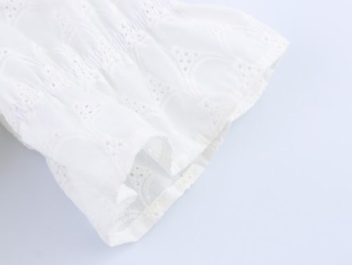 Elegant Hollow Out Cutout Embroidered Waist Slimming V Neckline Breasted Short Sleeve Dress in Dresses