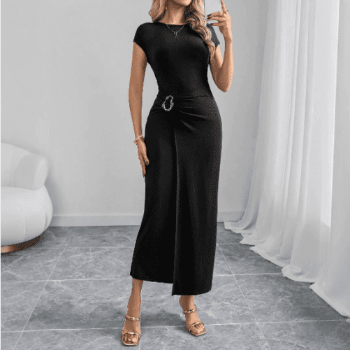 Round Neck Long Slim Fit Slimming Office Dress in Dresses