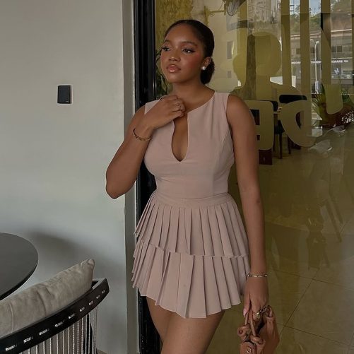 Sweet V Neck High Waist Slimming Pleated A Line Dress in Dresses