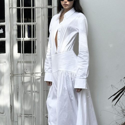 White Pleated Collared Long Sleeve Shirt Dress in Dresses