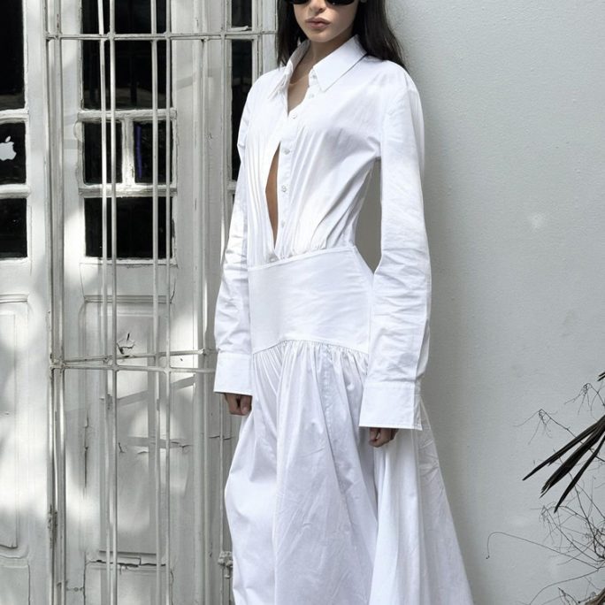 White Pleated Collared Long Sleeve Shirt Dress in Dresses