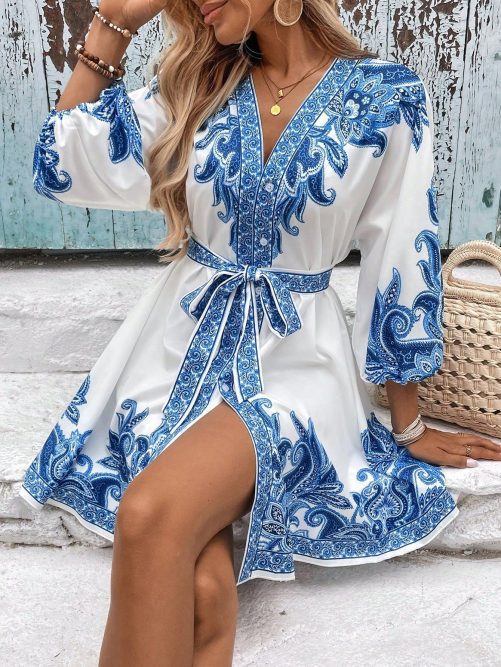 Printed V Neck Three Quarter Sleeve Lace Up Waist Dress in Dresses
