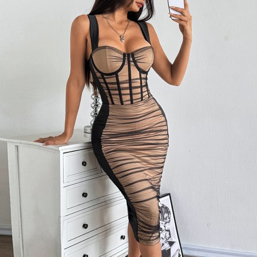 Sexy Stitching Sheer Mesh Pleated Slim Hip Dress in Dresses