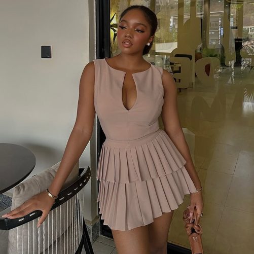 Sweet V Neck High Waist Slimming Pleated A Line Dress in Dresses
