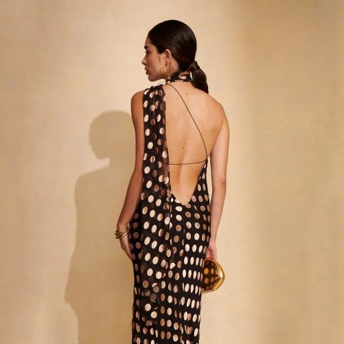 Elegant Halter Backless Polka Dot Chiffon Slim Fit Maxi Dress in Dresses