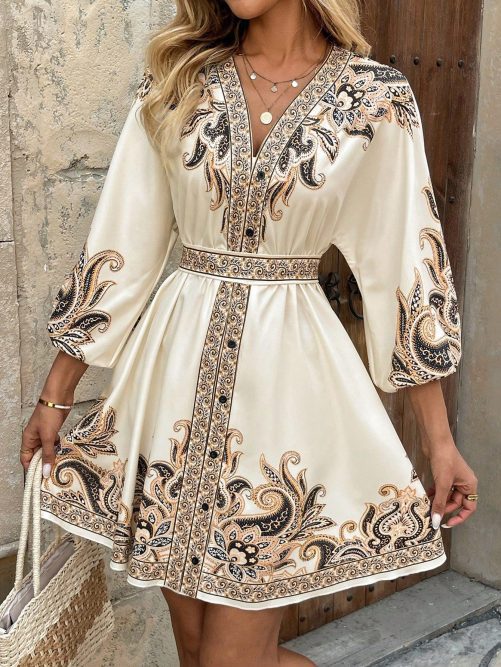 Printed V Neck Three Quarter Sleeve Lace Up Waist Dress in Dresses