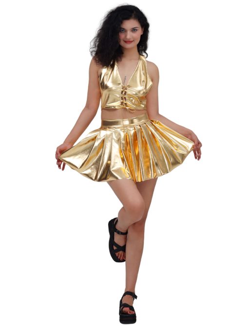 High Waist Slimming A Line Leather Pleated Skirt in Skirts