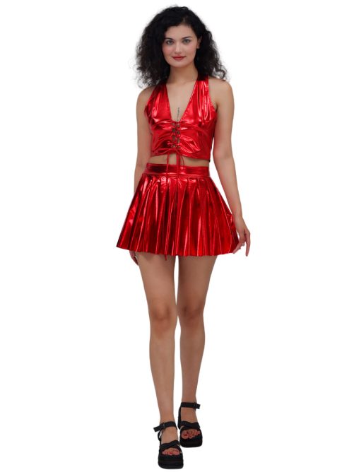 High Waist Slimming A Line Leather Pleated Skirt in Skirts