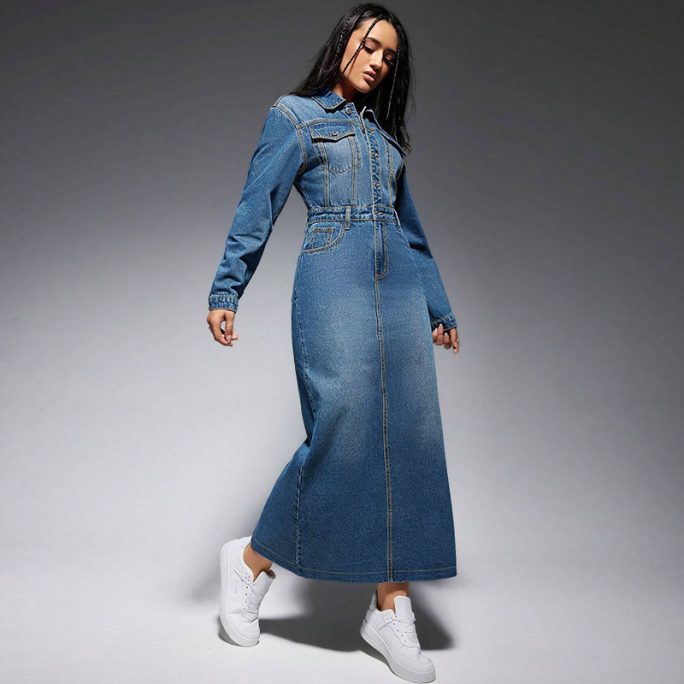 Long Sleeve Collared Button Split Maxi Dress in Dresses