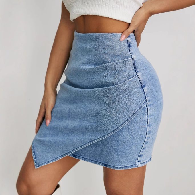 High Waist Ruched Irregular Asymmetric Sheath Denim Skirt in Skirts
