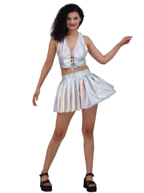 High Waist Slimming A Line Leather Pleated Skirt in Skirts