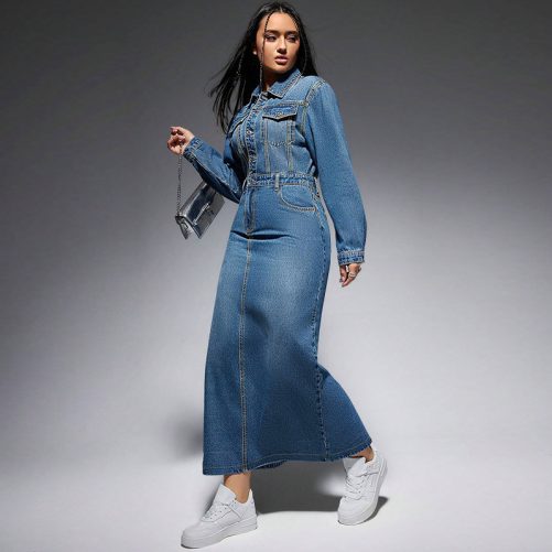 Long Sleeve Collared Button Split Maxi Dress in Dresses