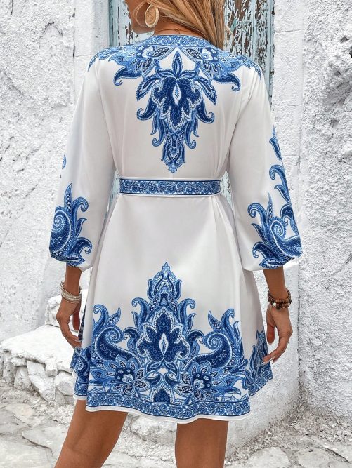 Printed V Neck Three Quarter Sleeve Lace Up Waist Dress in Dresses