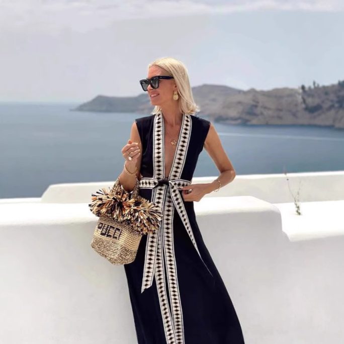 Sexy Deep V Plunge Neck Lace Up Vacation Dress in Dresses