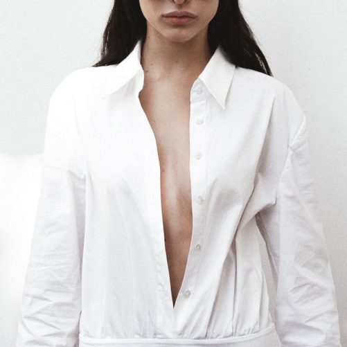 White Pleated Collared Long Sleeve Shirt Dress in Dresses