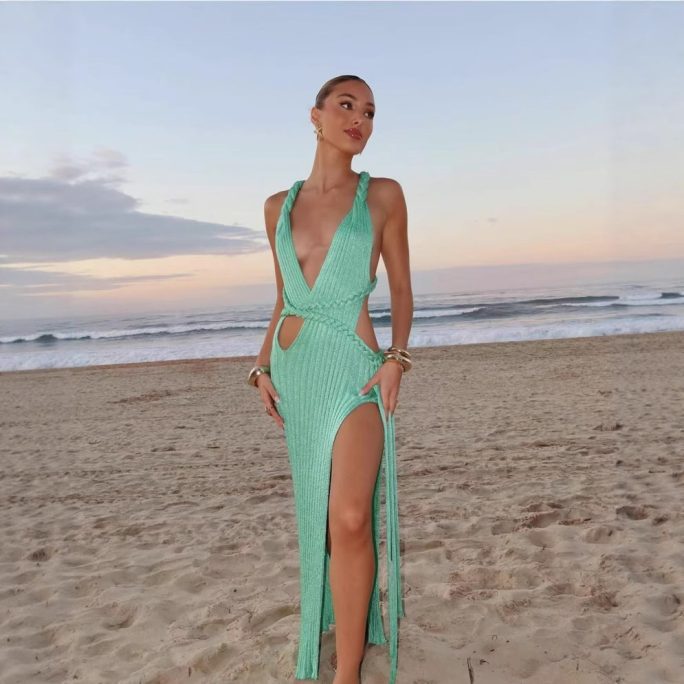 Handmade Braided Hair Rope V Neck Backless Cutout Sling Split Wool Dress in Dresses