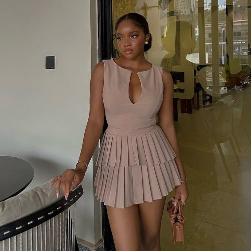 Sweet V Neck High Waist Slimming Pleated A Line Dress in Dresses