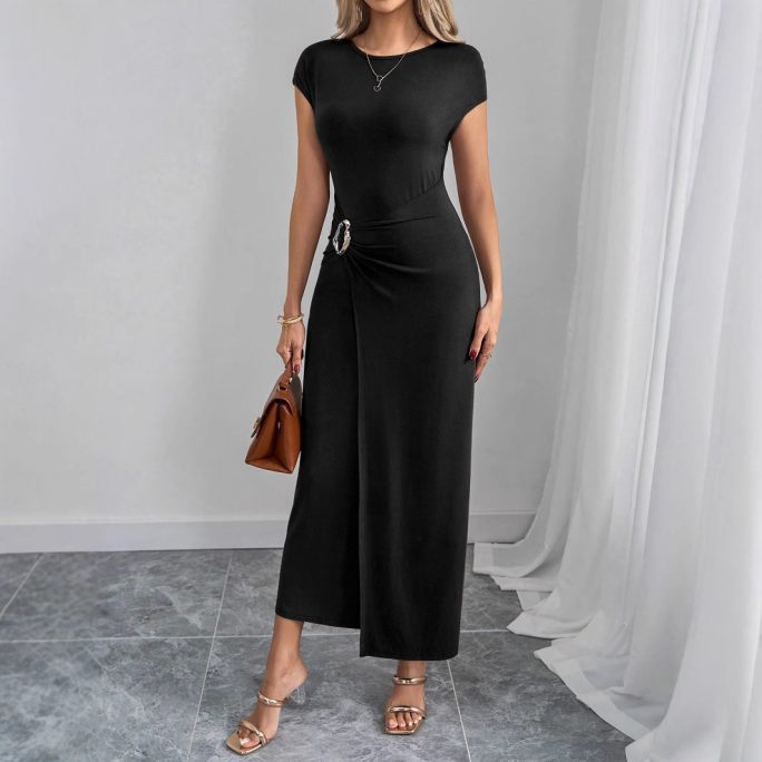 Round Neck Long Slim Fit Slimming Office Dress in Dresses