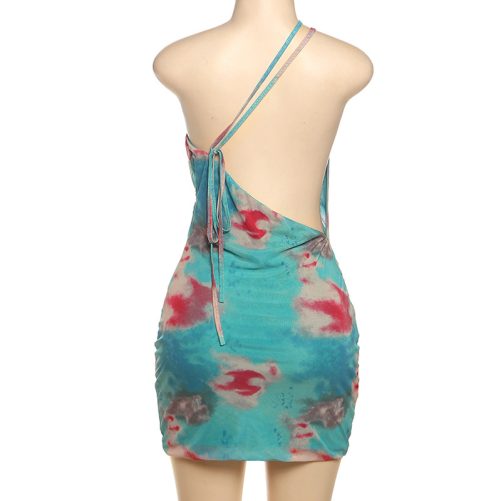 Sexy One Shoulder Mesh Backless Lace Up Slim Fit Sheath Print Dress in Dresses