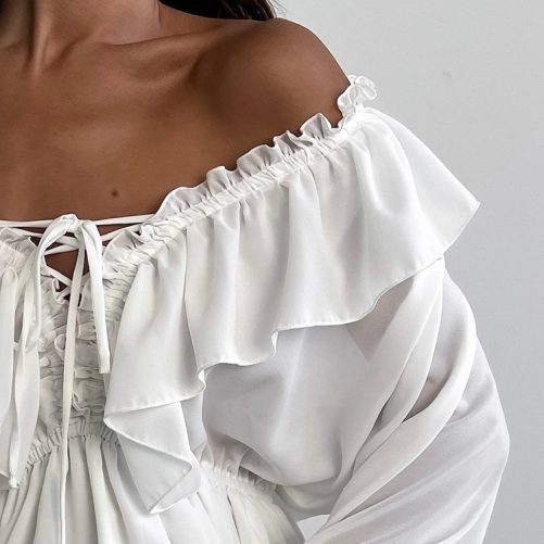 Drawstring V Neck Flared Sleeves Chiffon Asymmetric Dress in Dresses