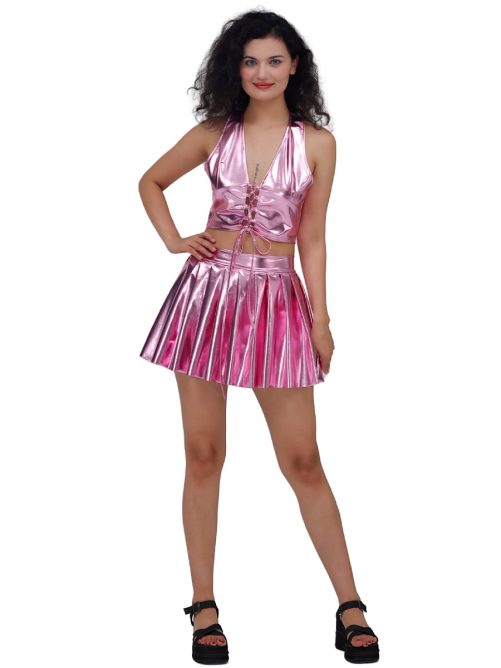 High Waist Slimming A Line Leather Pleated Skirt in Skirts
