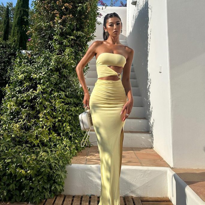 Sexy Hollow Out Cutout Split Yellow Maxi Dress in Dresses