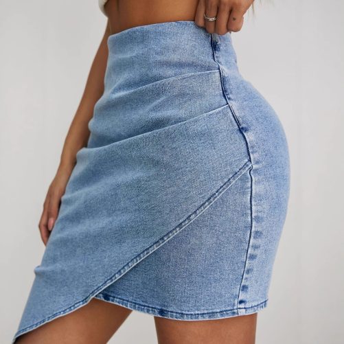 High Waist Ruched Irregular Asymmetric Sheath Denim Skirt in Skirts