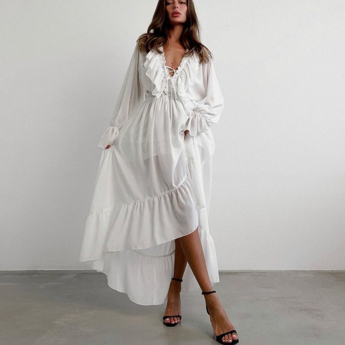 Drawstring V Neck Flared Sleeves Chiffon Asymmetric Dress in Dresses