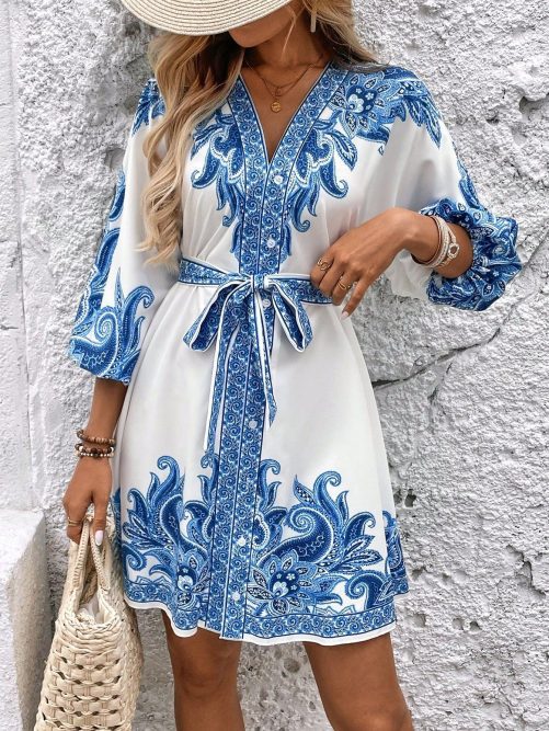 Printed V Neck Three Quarter Sleeve Lace Up Waist Dress in Dresses