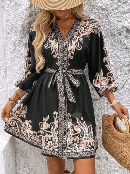 Printed V Neck Three Quarter Sleeve Lace Up Waist Dress in Dresses