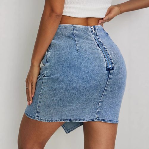 High Waist Ruched Irregular Asymmetric Sheath Denim Skirt in Skirts