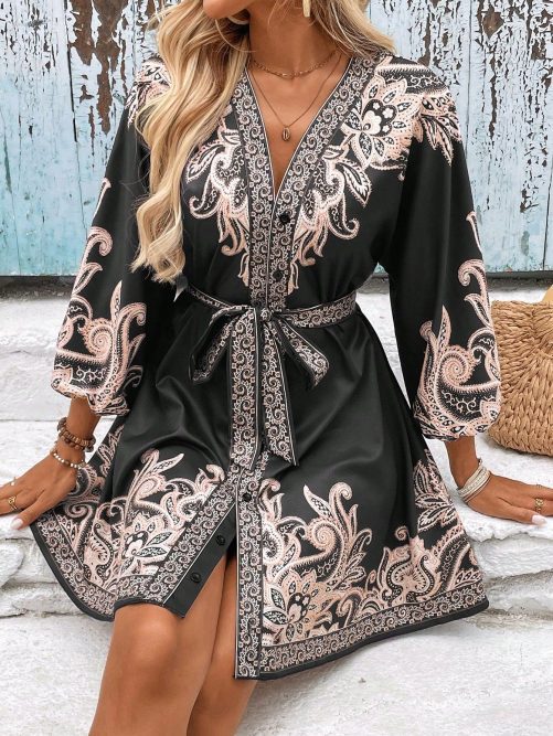 Printed V Neck Three Quarter Sleeve Lace Up Waist Dress in Dresses