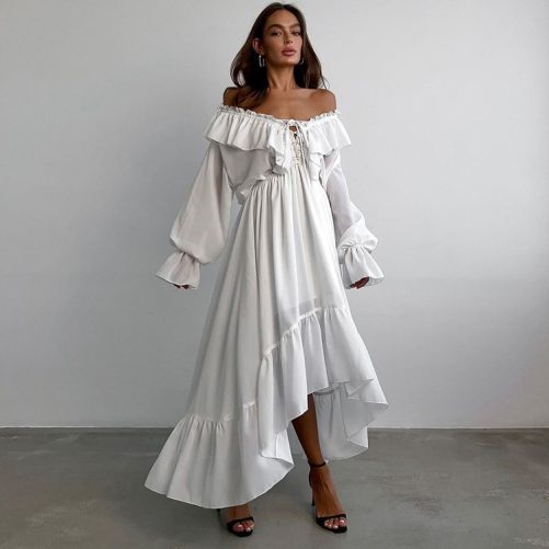 Drawstring V Neck Flared Sleeves Chiffon Asymmetric Dress in Dresses