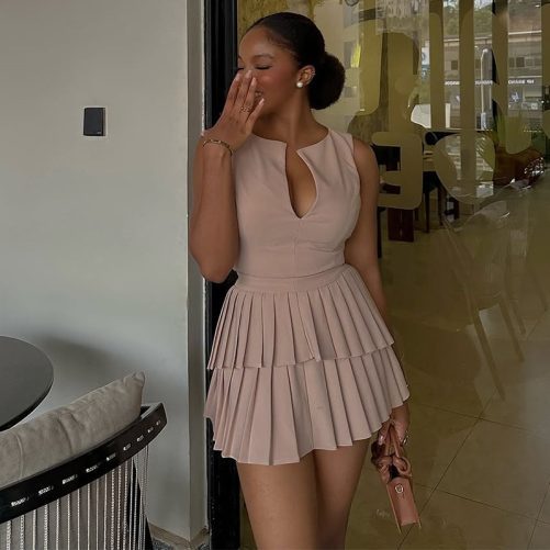 Sweet V Neck High Waist Slimming Pleated A Line Dress in Dresses