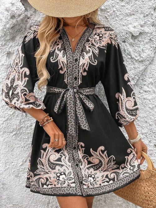 Printed V Neck Three Quarter Sleeve Lace Up Waist Dress in Dresses