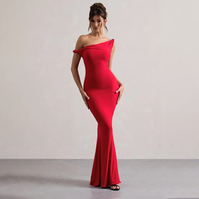 Off Shoulder Twist Fishtail Sexy Maxi Dress in Dresses
