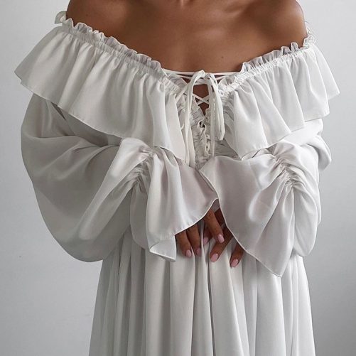 Drawstring V Neck Flared Sleeves Chiffon Asymmetric Dress in Dresses