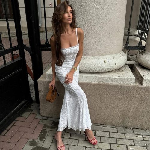 Sexy Mesh Stitching Hollow Out Cutout Slim Strap Dress in Dresses