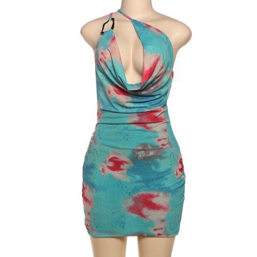 Sexy One Shoulder Mesh Backless Lace Up Slim Fit Sheath Print Dress in Dresses