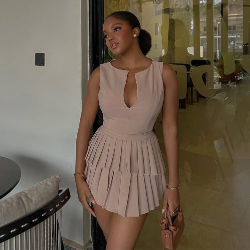 Sweet V Neck High Waist Slimming Pleated A Line Dress in Dresses
