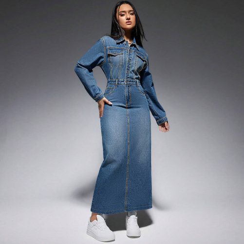 Long Sleeve Collared Button Split Maxi Dress in Dresses