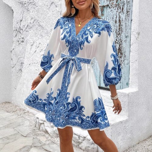 Printed V Neck Three Quarter Sleeve Lace Up Waist Dress in Dresses