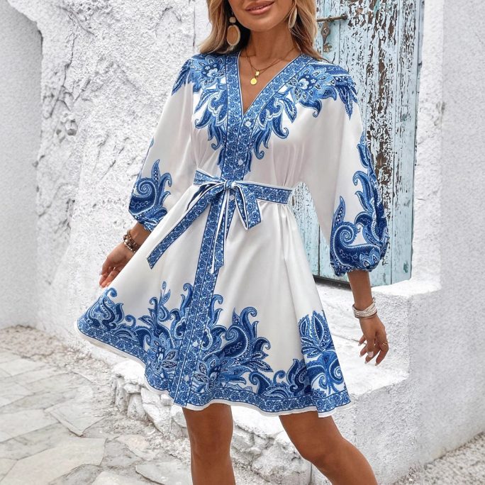 Printed V Neck Three Quarter Sleeve Lace Up Waist Dress in Dresses