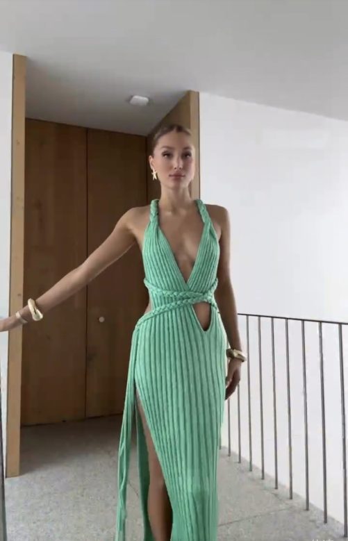 Handmade Braided Hair Rope V Neck Backless Cutout Sling Split Wool Dress in Dresses
