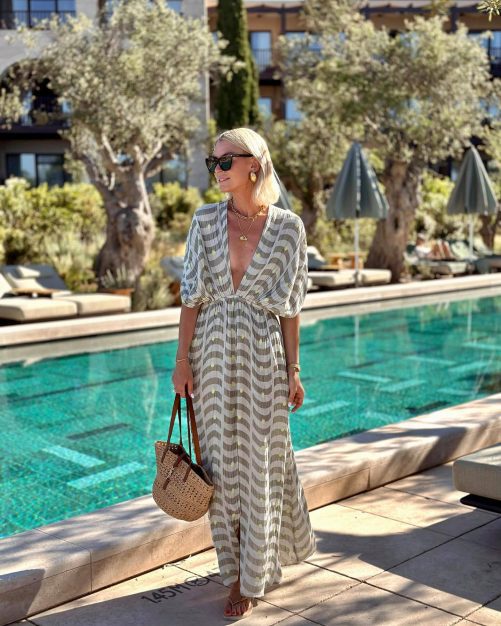 Printed V Neck Waist Tight Holiday Swing Dress in Dresses