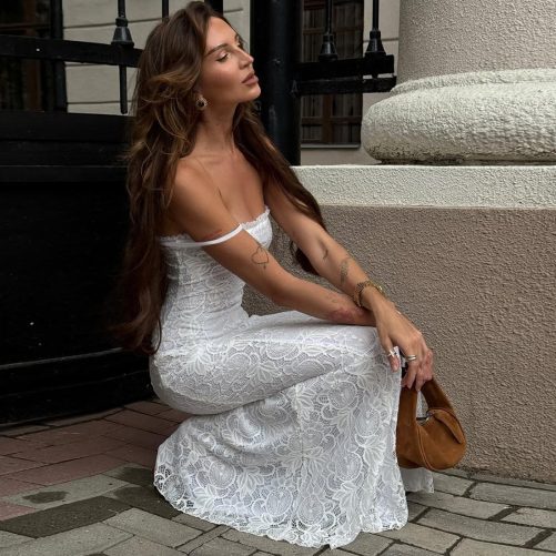 Sexy Mesh Stitching Hollow Out Cutout Slim Strap Dress in Dresses